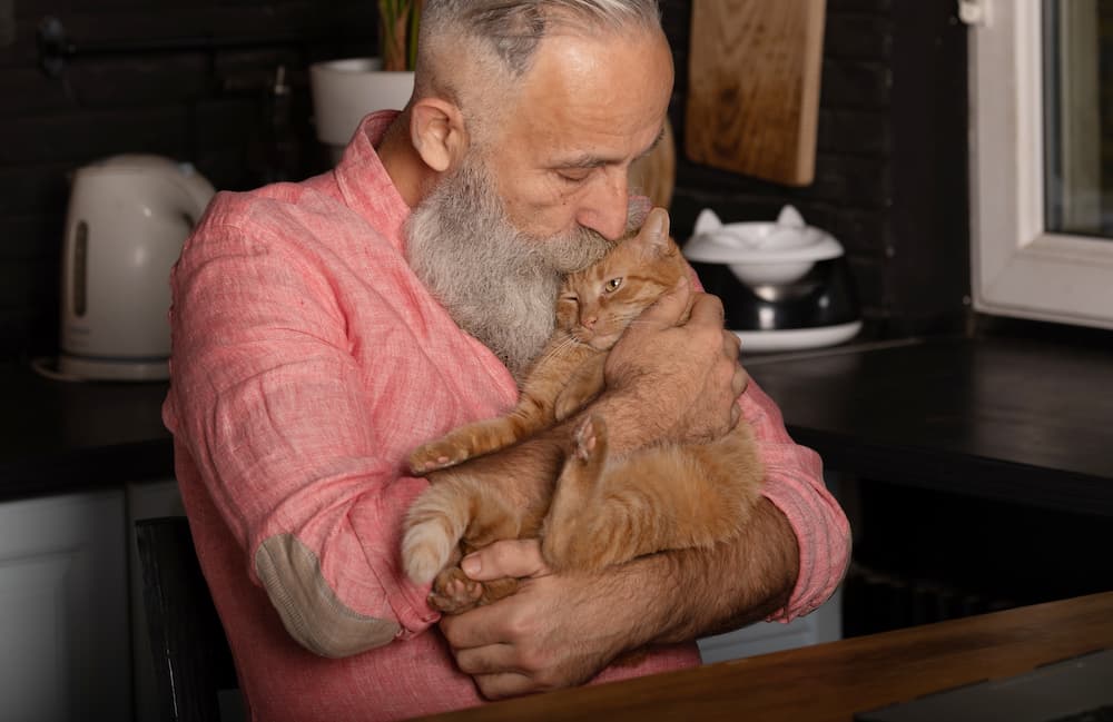 what aging adults should know before adopting a cat, older man cuddling with orange tabby cat