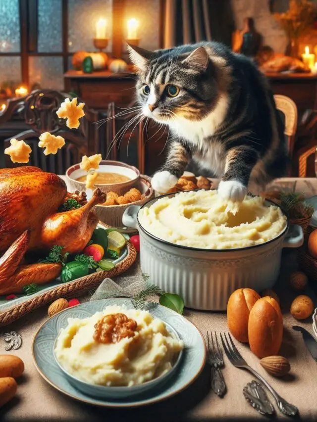 a cat on the dinner table during thanksgiving