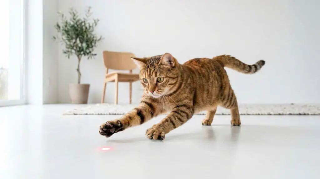 Bengal cat playing with a red laser pointer on a light floor.