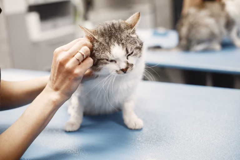 A veterinarian inspects a cat's ear